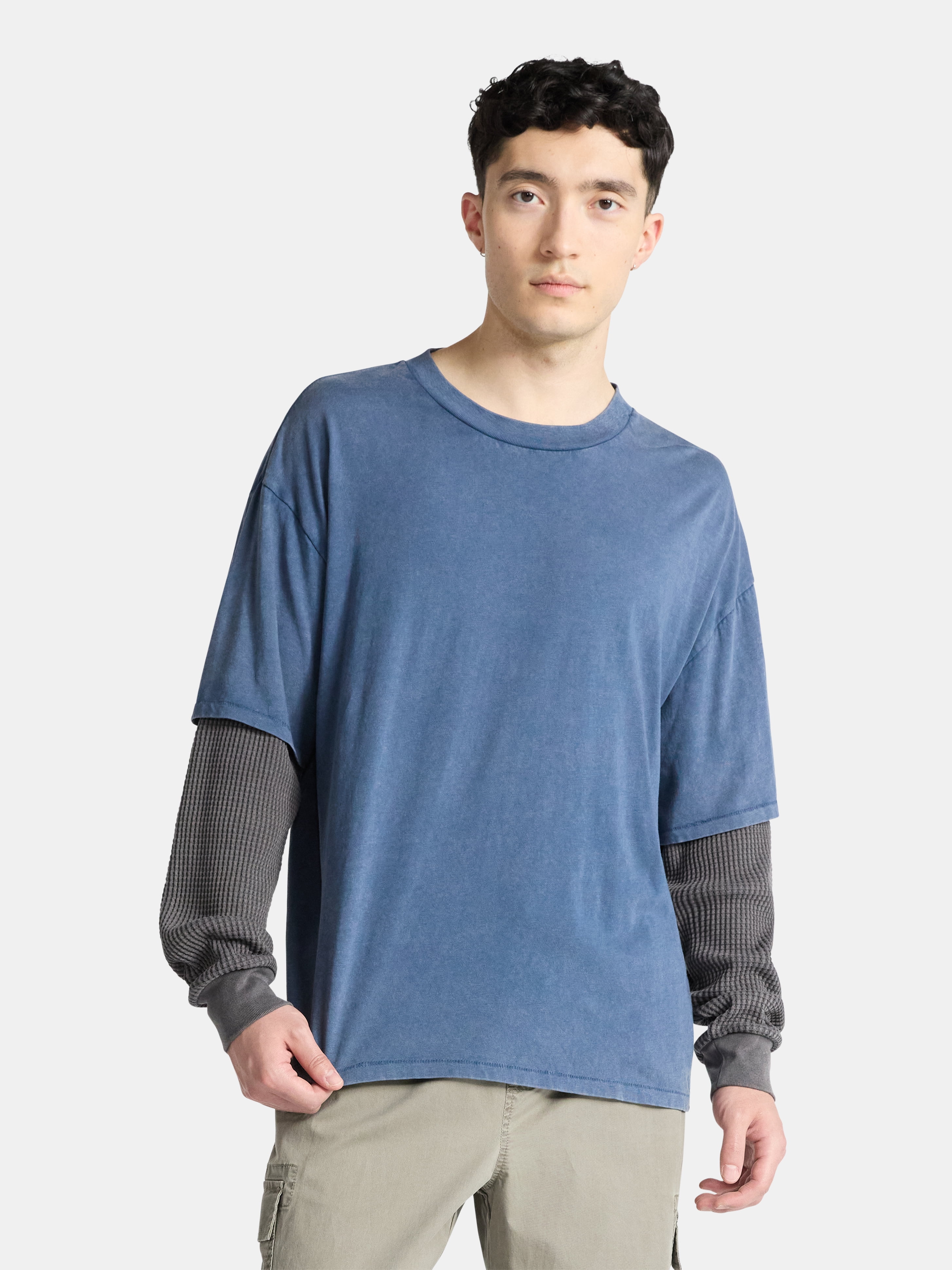 No Boundaries Cotton Washed Tee with Layered Long Sleeves, Men's & Big Men's