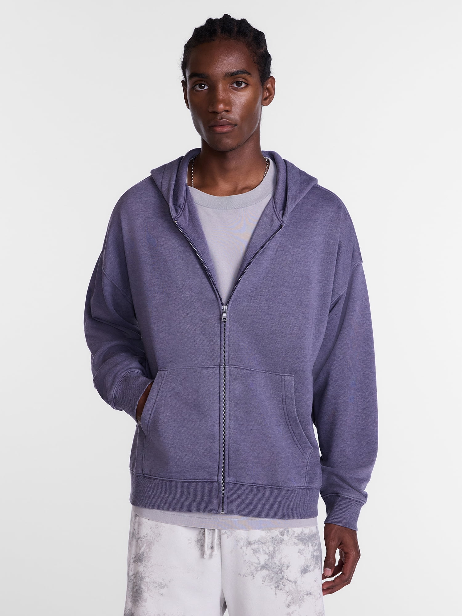 No Boundaries Boxy Oversized Fit Fleece Zip Hoodie Sweatshirt with Long Sleeves, Men's XS-4XLT