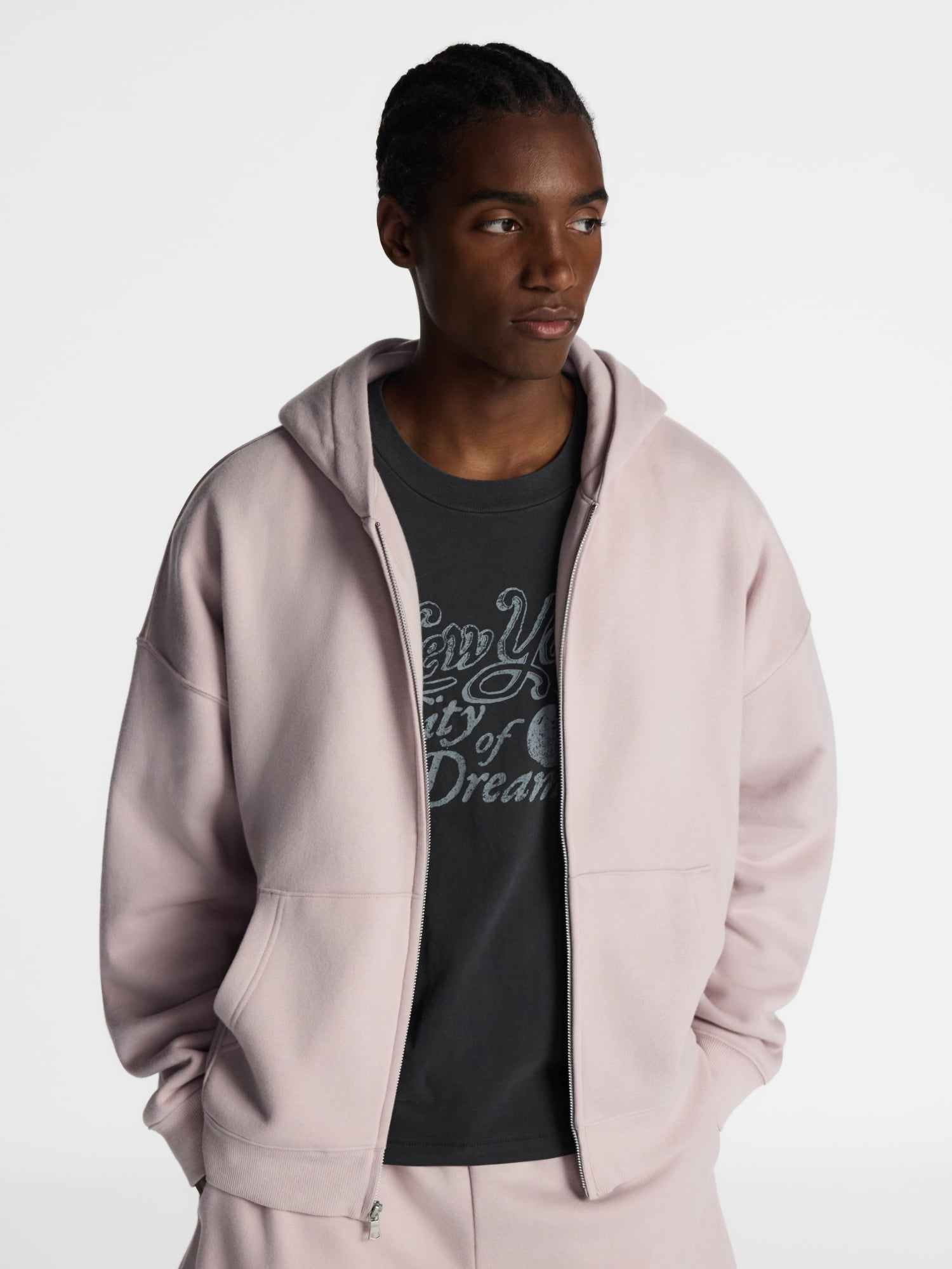 No Boundaries Boxy Oversized Fit Fleece Zip Hoodie Sweatshirt with Long Sleeves, Men's XS-4XLT