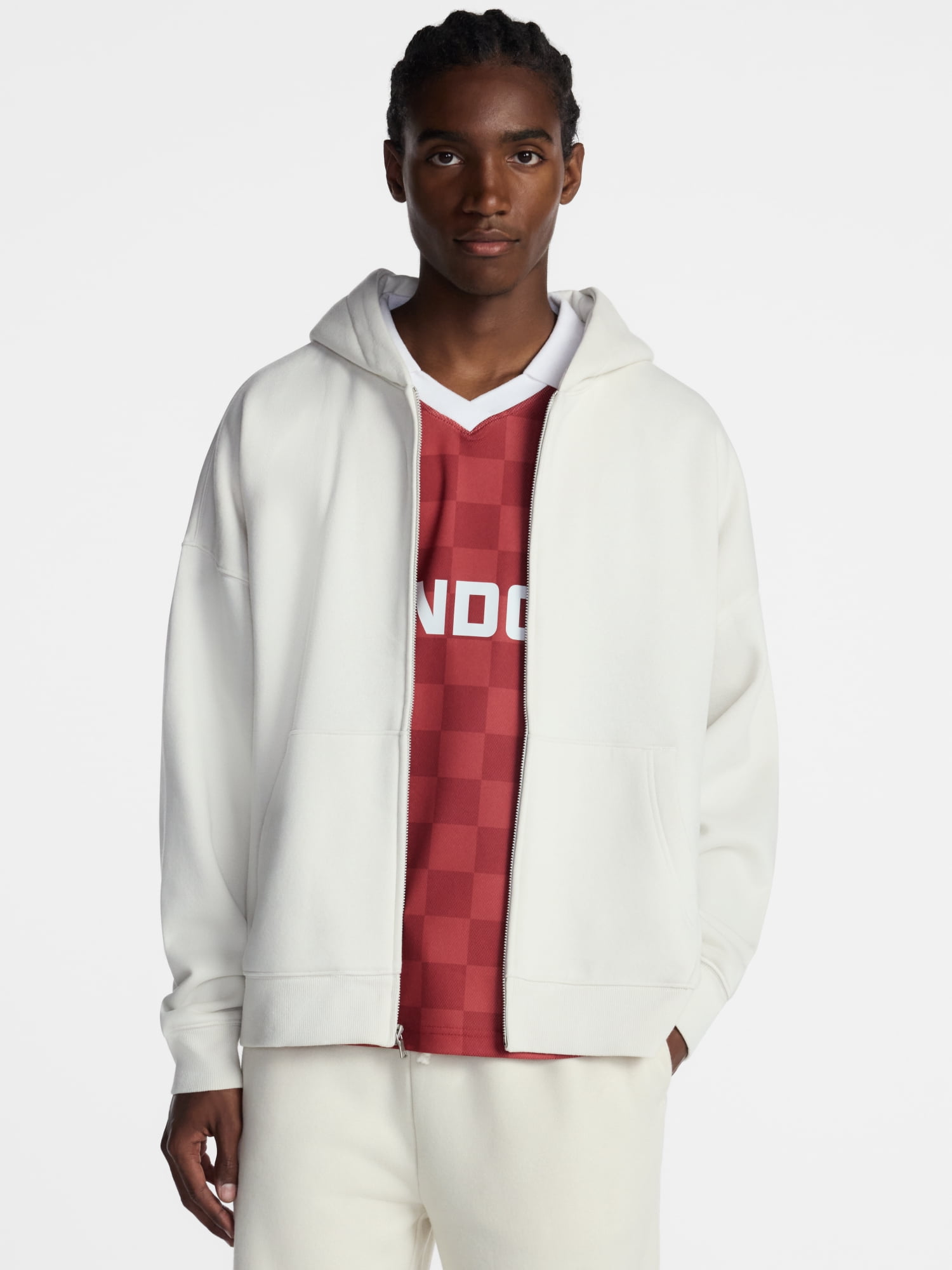 No Boundaries Boxy Oversized Fit Fleece Zip Hoodie Sweatshirt with Long Sleeves, Men's XS-4XLT