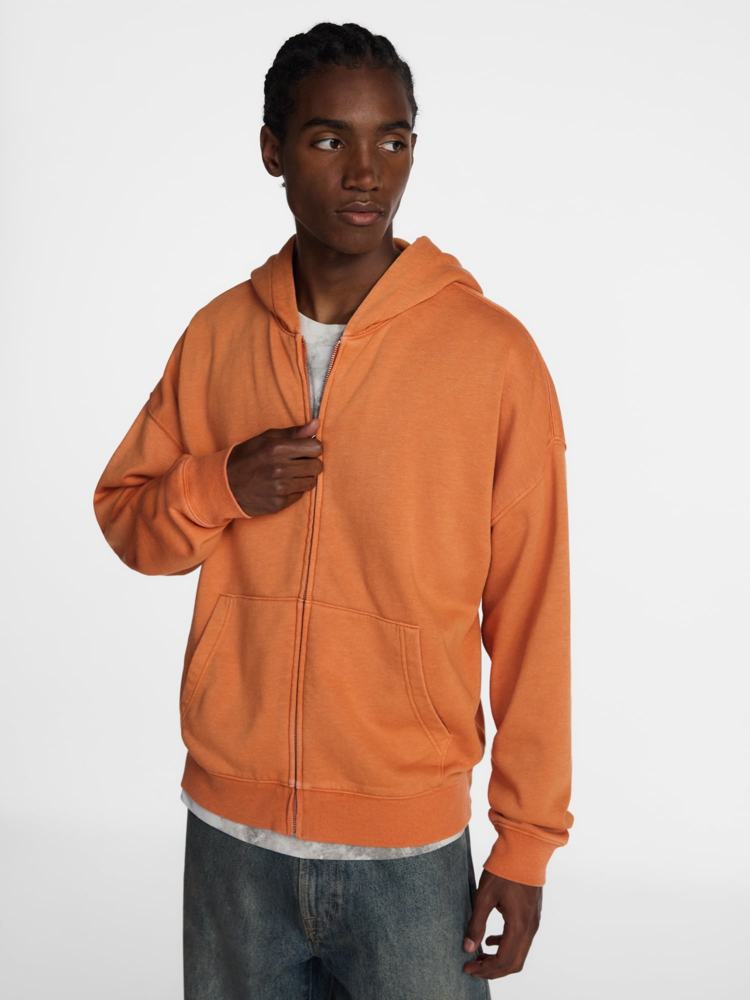 No Boundaries Boxy Oversized Fit Fleece Zip Hoodie Sweatshirt with Long Sleeves, Men's XS-4XLT