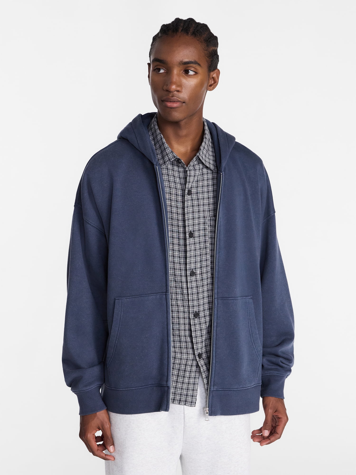 No Boundaries Boxy Oversized Fit Fleece Zip Hoodie Sweatshirt with Long Sleeves, Men's XS-4XLT