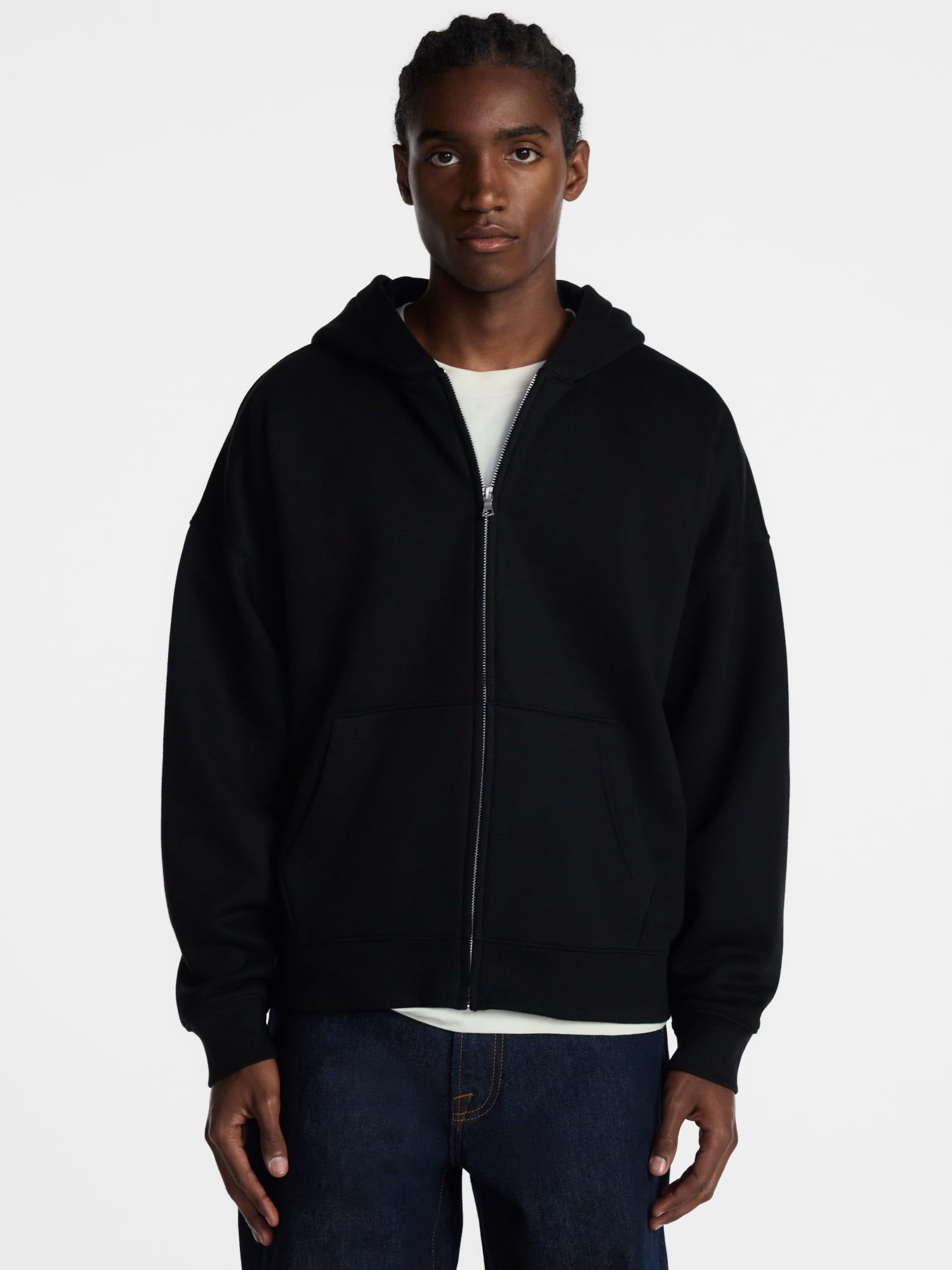 No Boundaries Boxy Oversized Fit Fleece Zip Hoodie Sweatshirt with Long Sleeves, Men's XS-4XLT