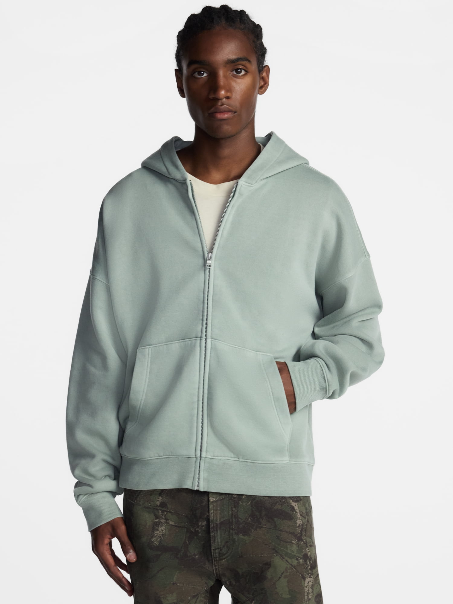No Boundaries Boxy Oversized Fit Fleece Zip Hoodie Sweatshirt with Long Sleeves, Men's XS-4XLT