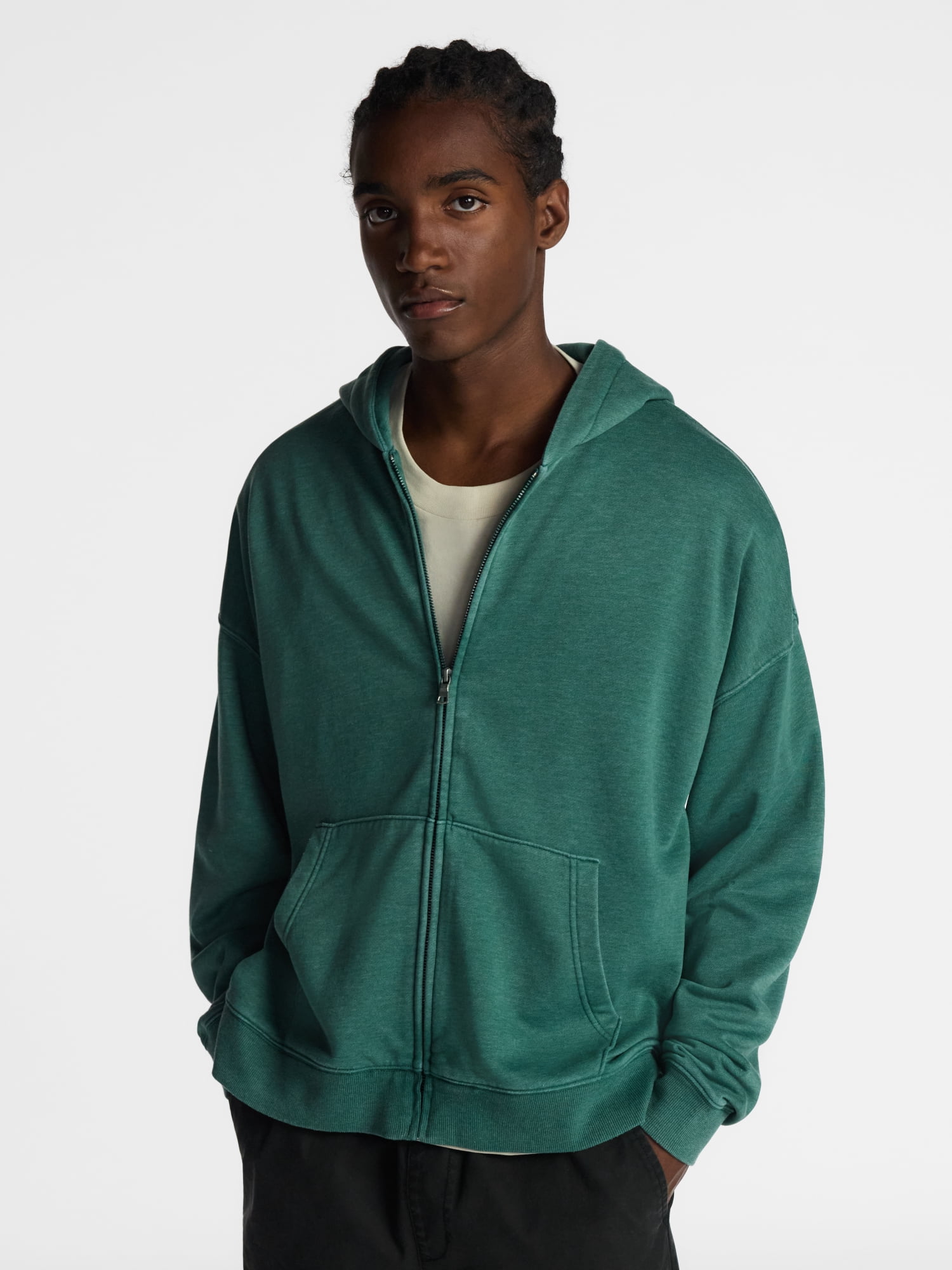 No Boundaries Boxy Oversized Fit Fleece Zip Hoodie Sweatshirt with Long Sleeves, Men's XS-4XLT