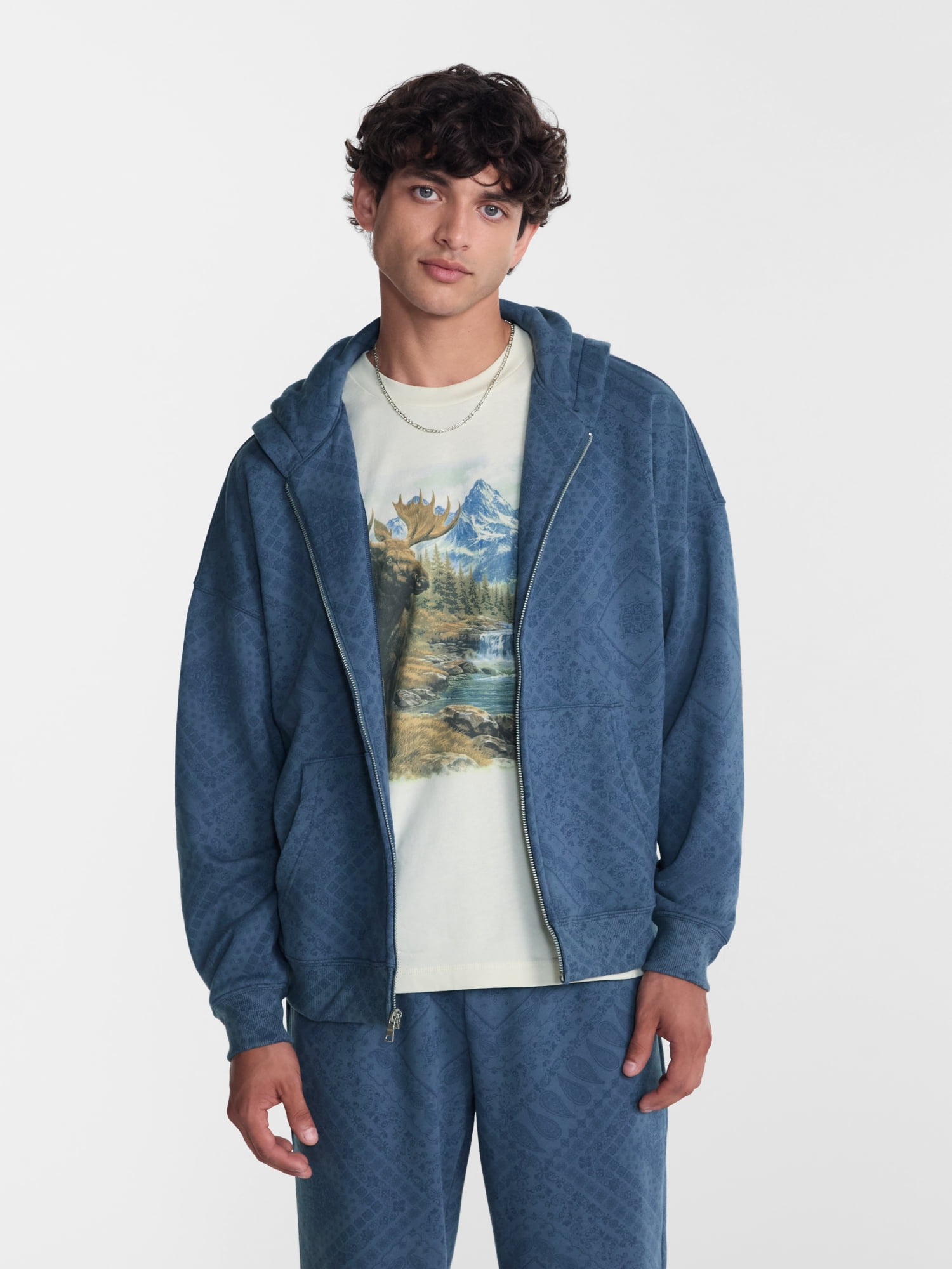 No Boundaries Boxy Oversized Fit Fleece Zip Hoodie Sweatshirt with Long Sleeves, Men's XS-4XLT