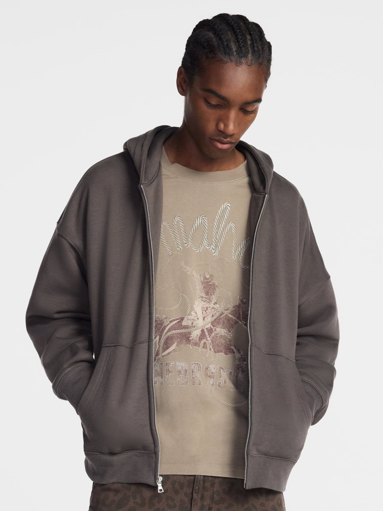 No Boundaries Boxy Oversized Fit Fleece Zip Hoodie Sweatshirt with Long Sleeves, Men's XS-4XLT