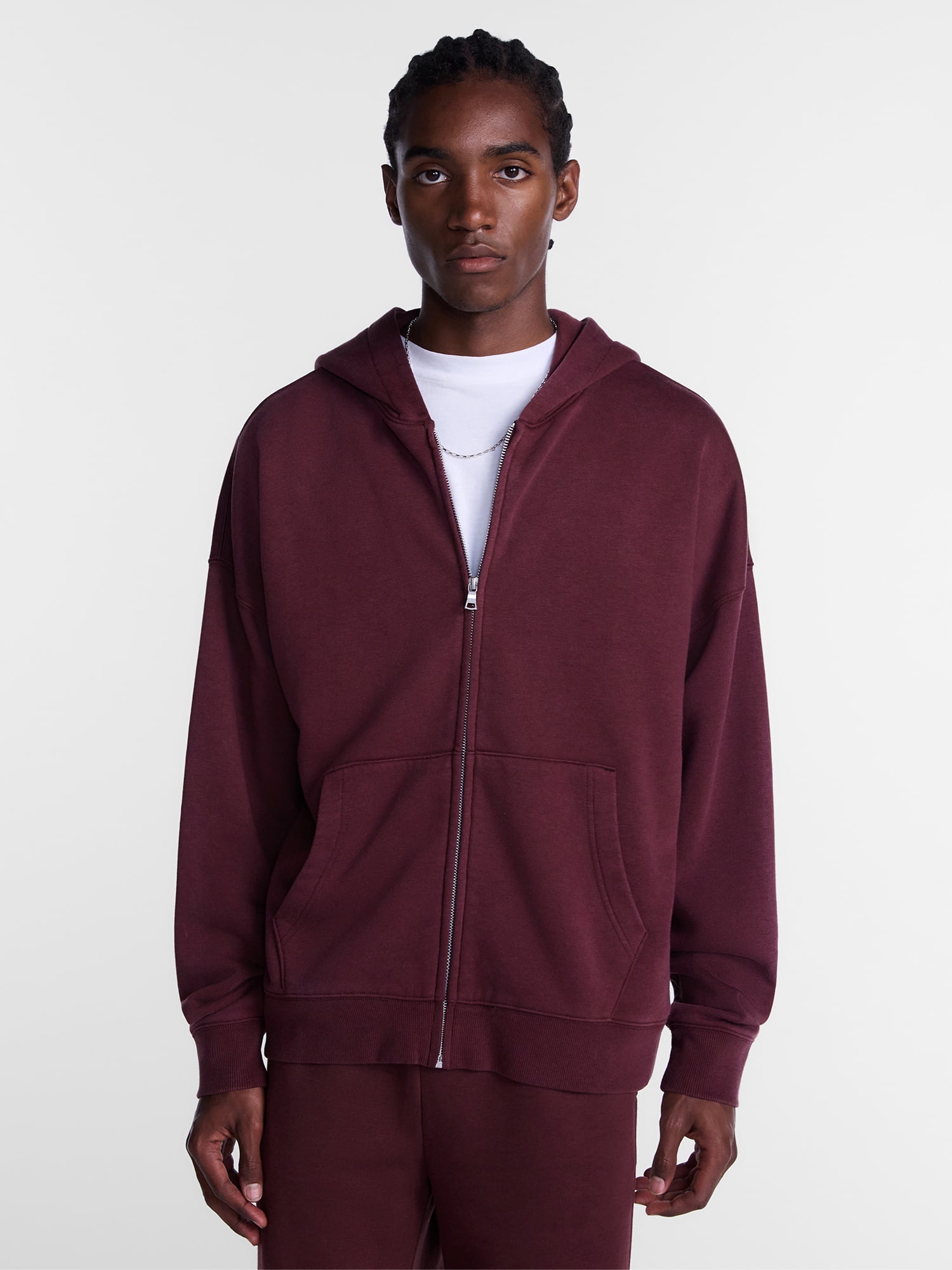 No Boundaries Boxy Oversized Fit Fleece Zip Hoodie Sweatshirt with Long Sleeves, Men's XS-4XLT