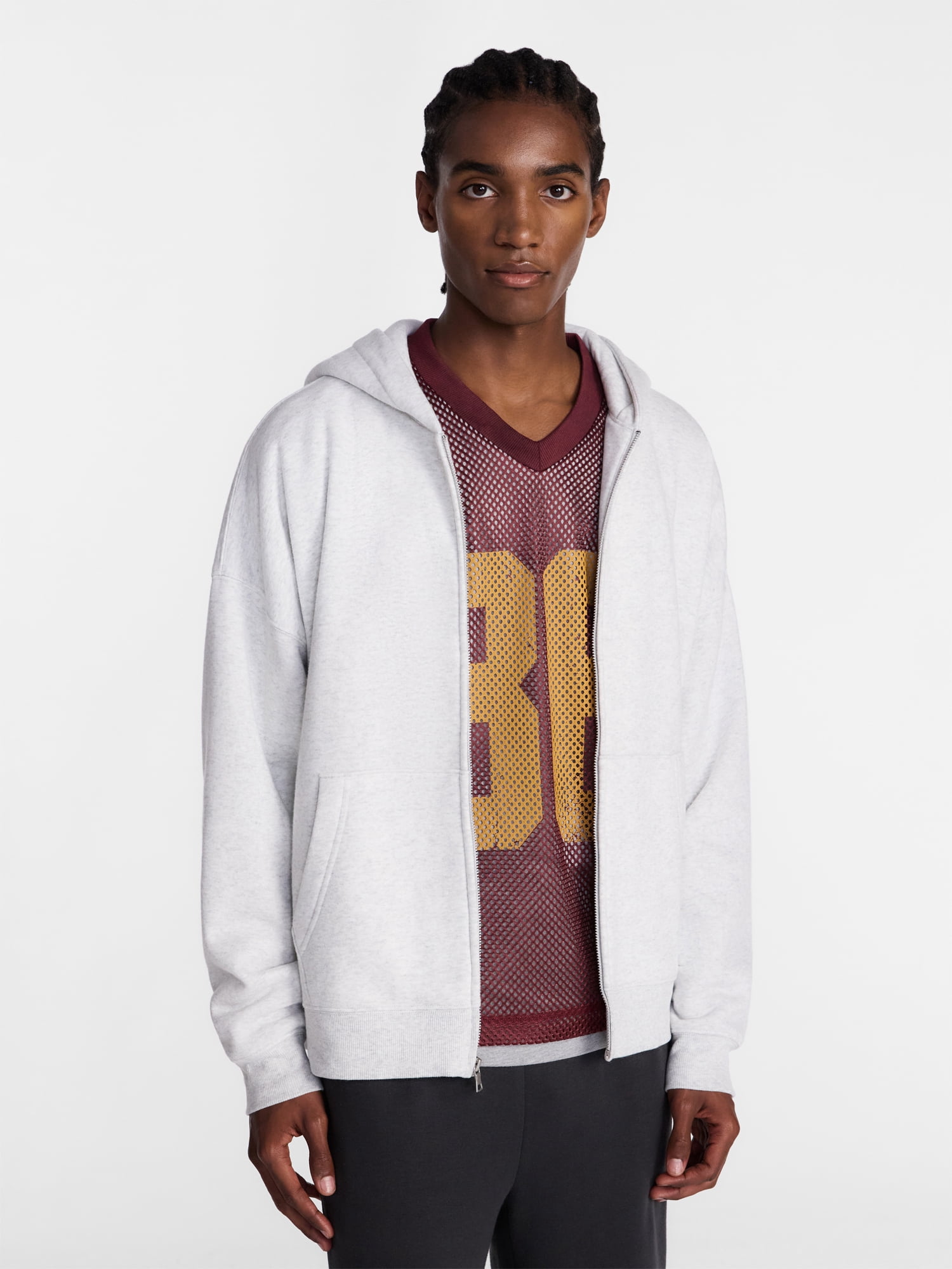 No Boundaries Boxy Oversized Fit Fleece Zip Hoodie Sweatshirt with Long Sleeves, Men's XS-4XLT