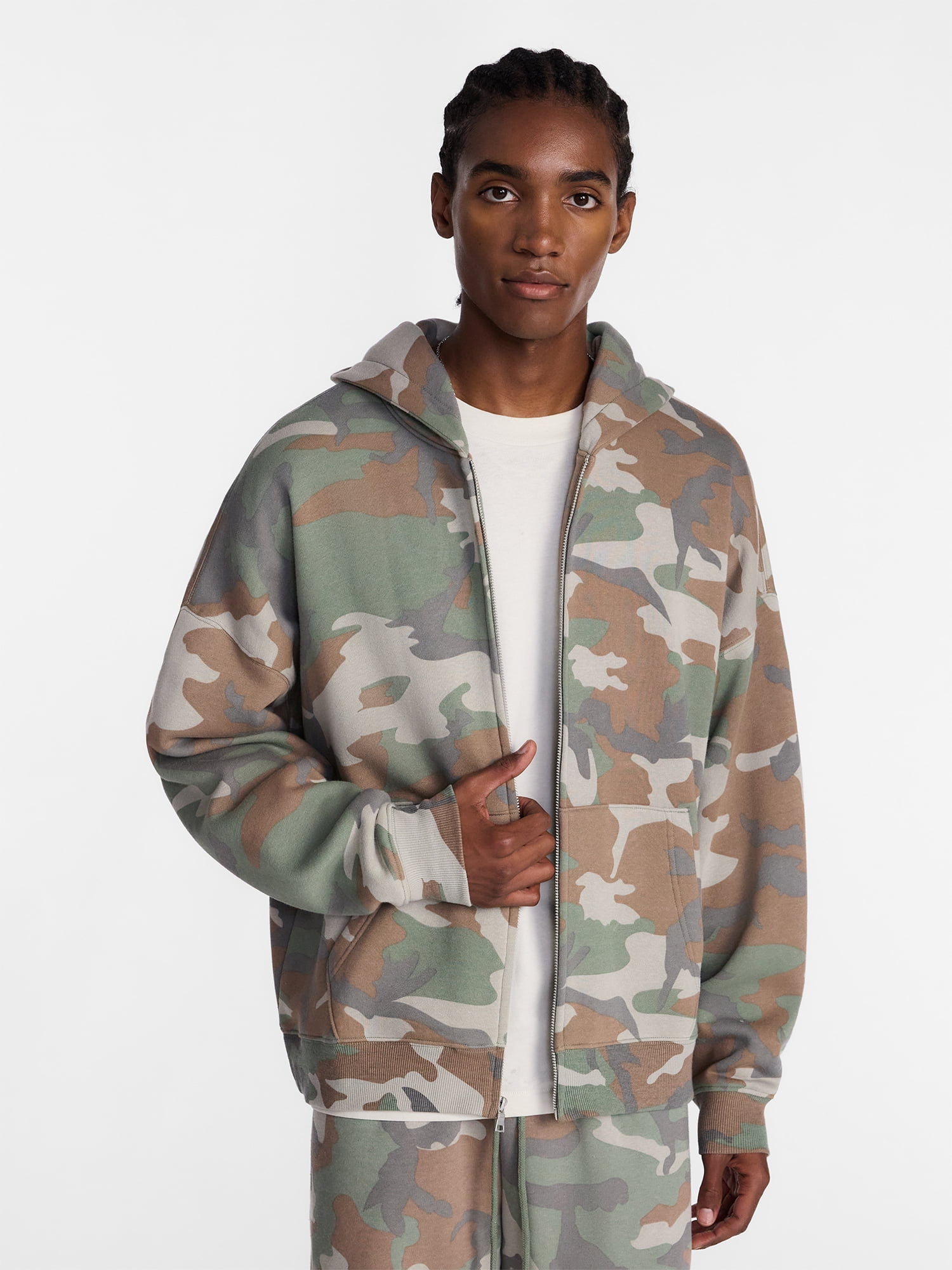 No Boundaries Boxy Oversized Fit Fleece Zip Hoodie Sweatshirt with Long Sleeves, Men's XS-4XLT