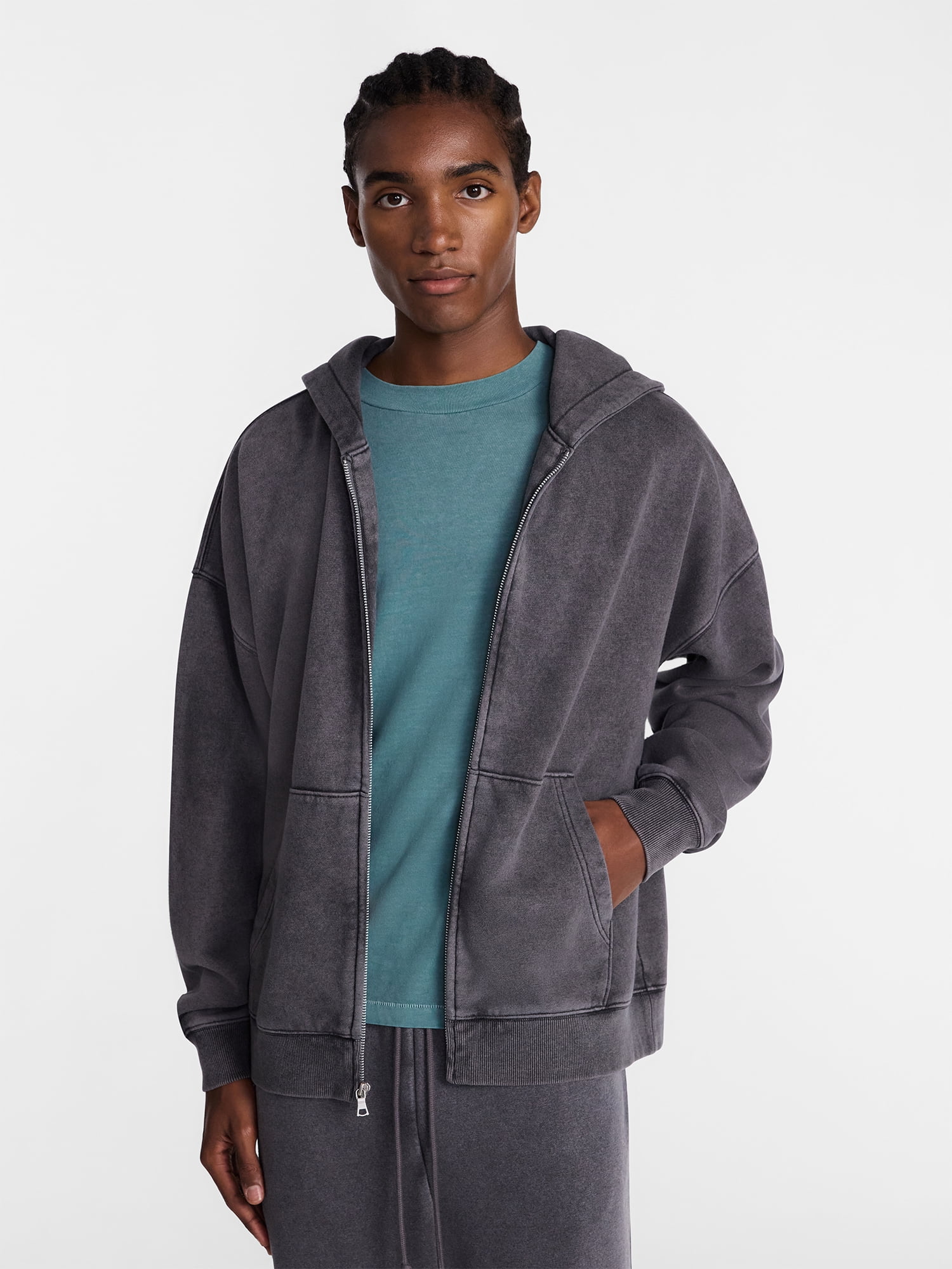 No Boundaries Boxy Oversized Fit Fleece Zip Hoodie Sweatshirt with Long Sleeves, Men's XS-4XLT