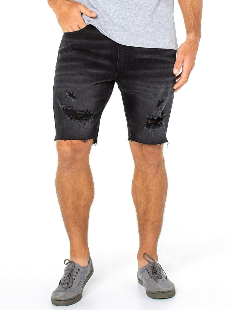 No Boundaries Men's Slim Fit Denim Shorts with Raw Hem and Stretch - Main Image