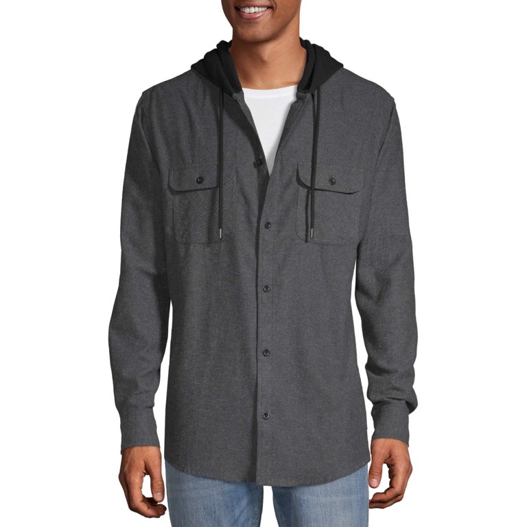 No Boundaries Men's Hooded Long Sleeve Flannel Shirt 