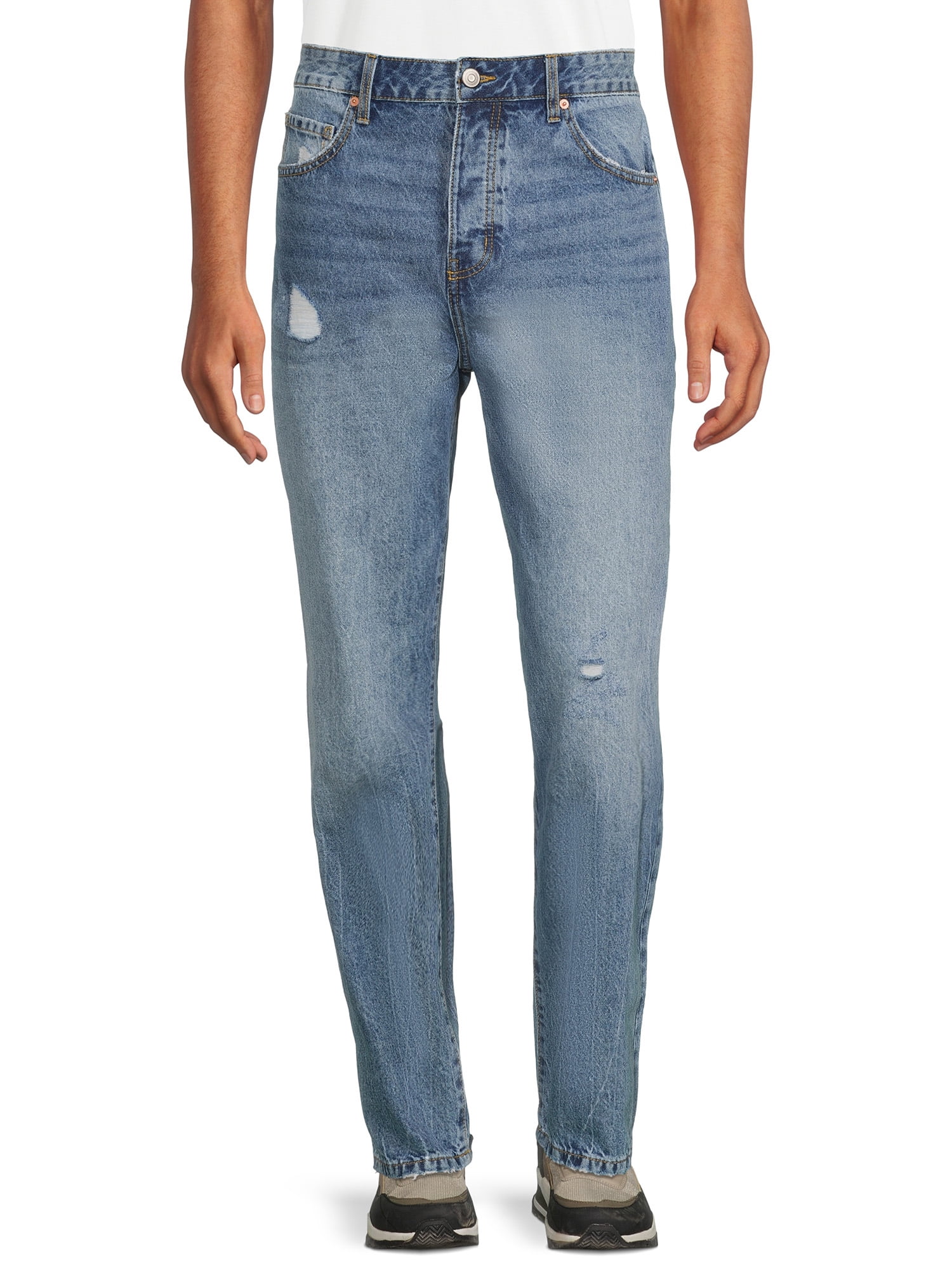 Relaxed Button Hem Detail Jeans - Light Blue, Mens Denim