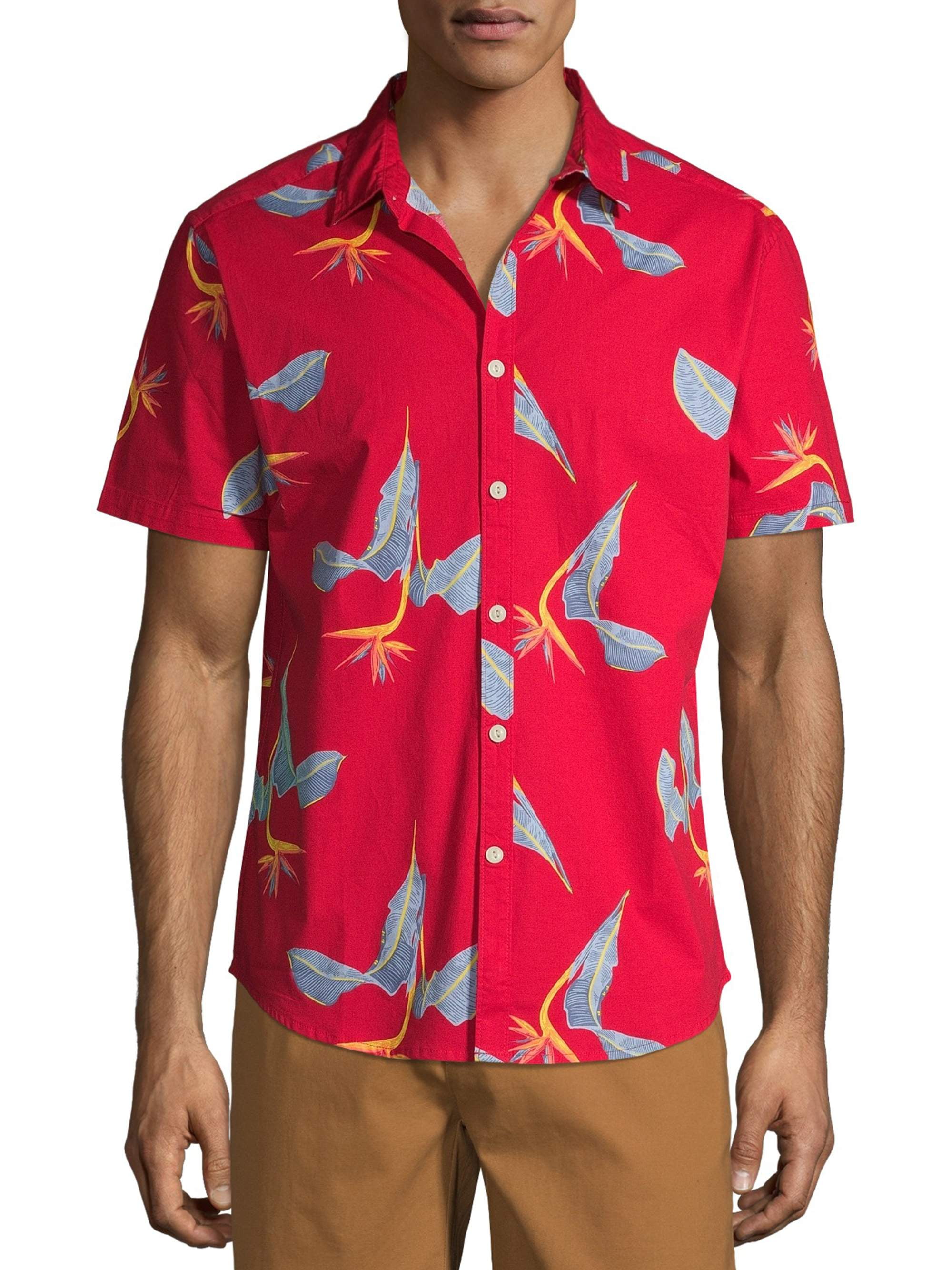 No Boundaries Men's Palm Print Short Sleeve Button-up Shirt, up to Size ...
