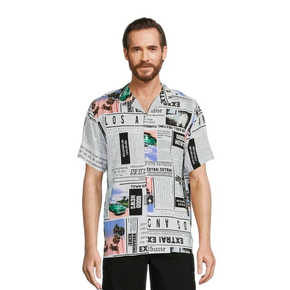 No Boundaries Men's Print Button Front Resort Shirt with Short Sleeves, Sizes XS-3XL