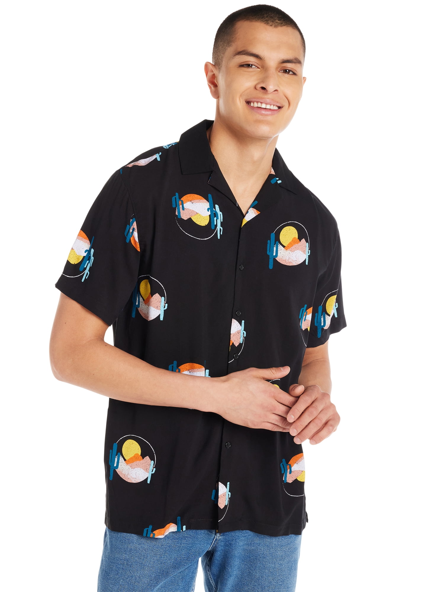 No Boundaries Men's Print Button Up Shirt with Short Sleeves, Sizes XS-3XL