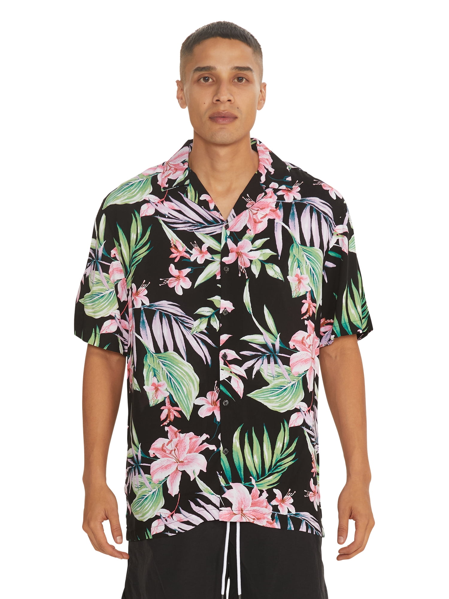No Boundaries Men's Print Button Up Shirt with Short Sleeves, Sizes XS-3XL
