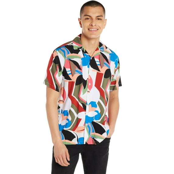 No Boundaries Men's Print Button Up Shirt with Short Sleeves, Sizes XS-3XL
