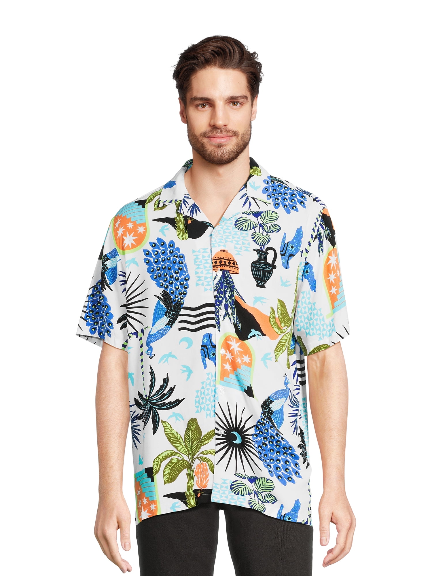 No Boundaries Men’s Print ButtonUp Shirt with Short Sleeves, Sizes XS