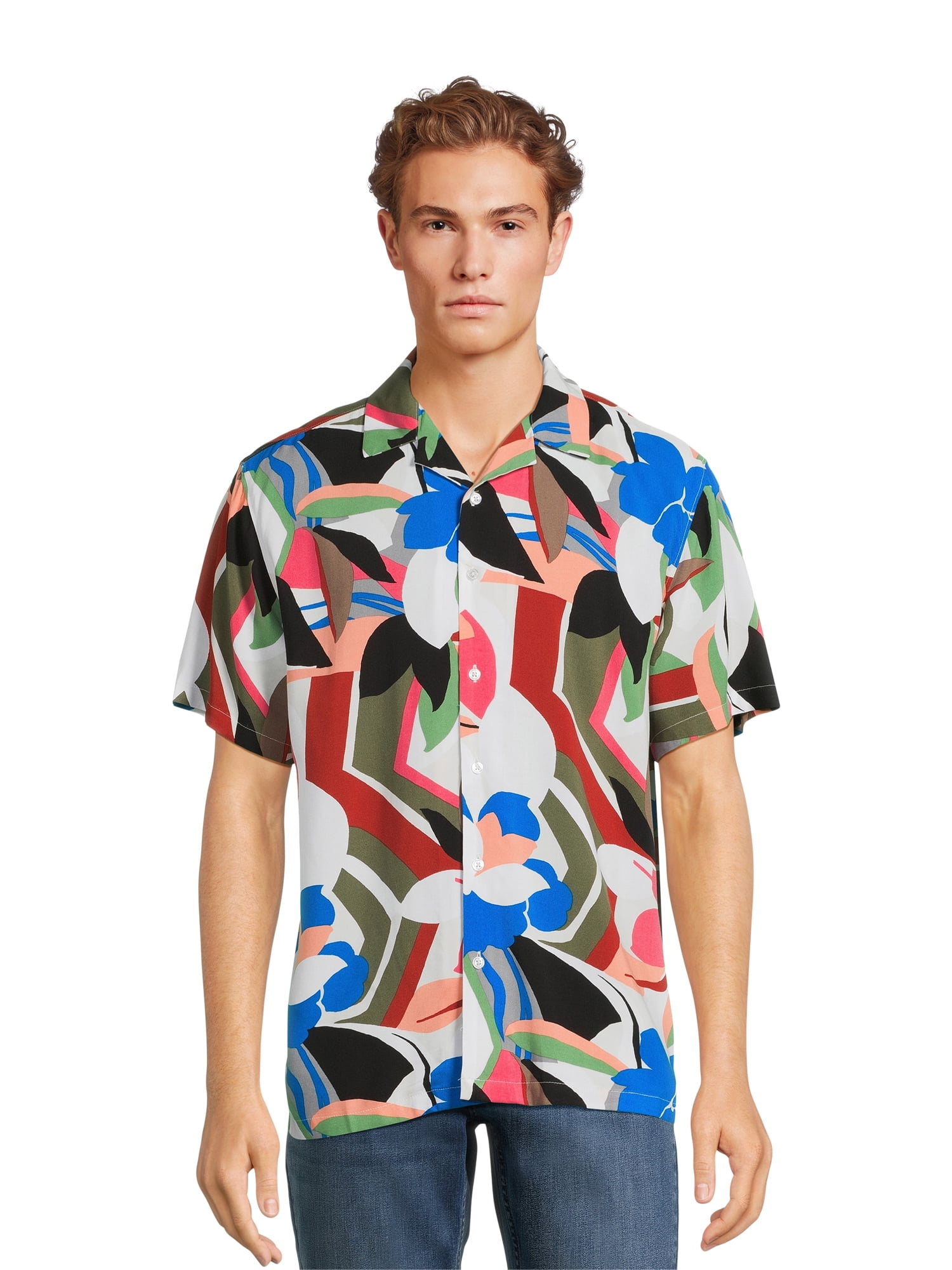 No Boundaries Men’s Print Button-Up Shirt with Short Sleeves, Sizes XS