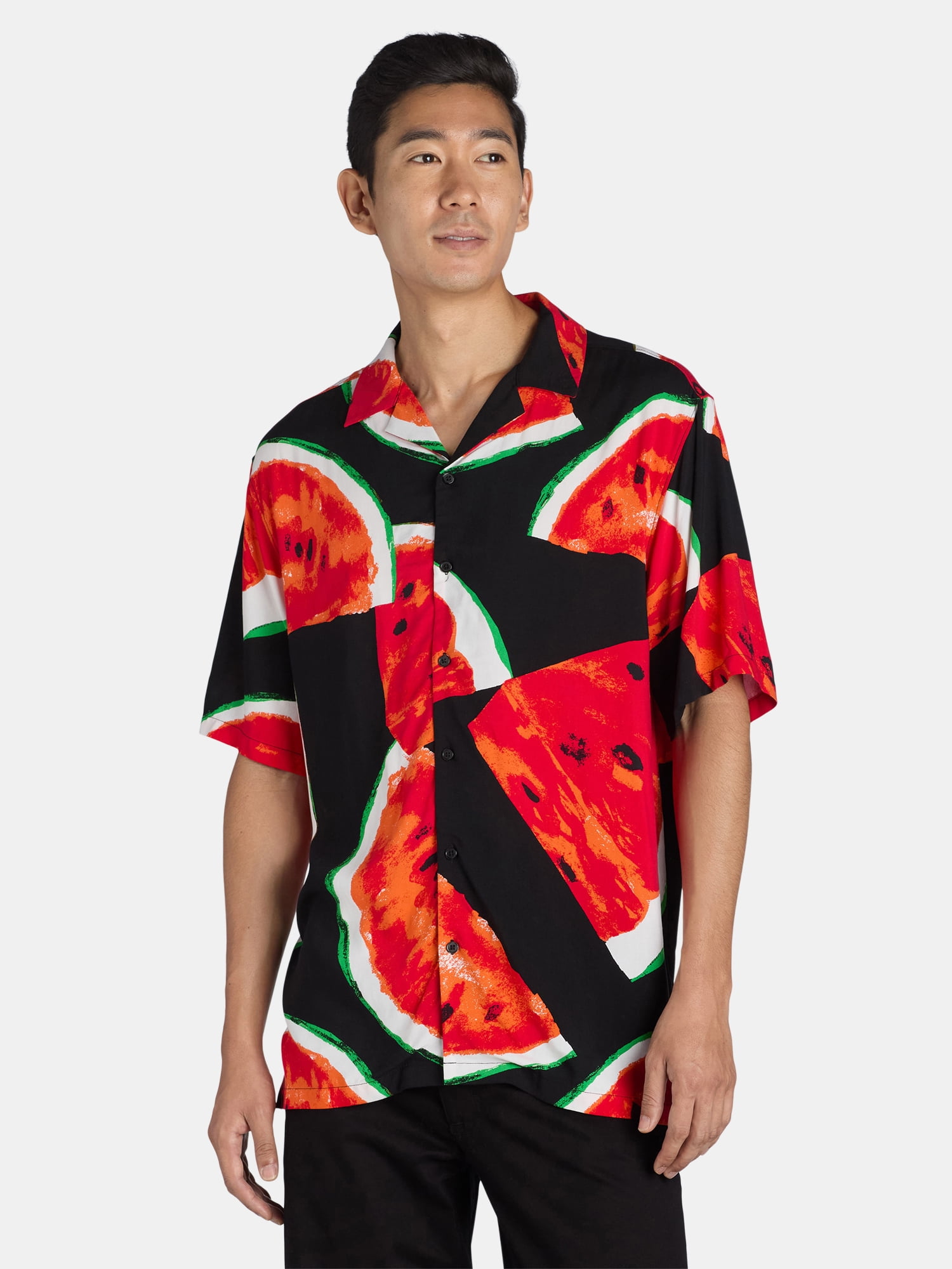 No Boundaries Men's Print Button Up Shirt with Short Sleeves, Sizes XS-3XL