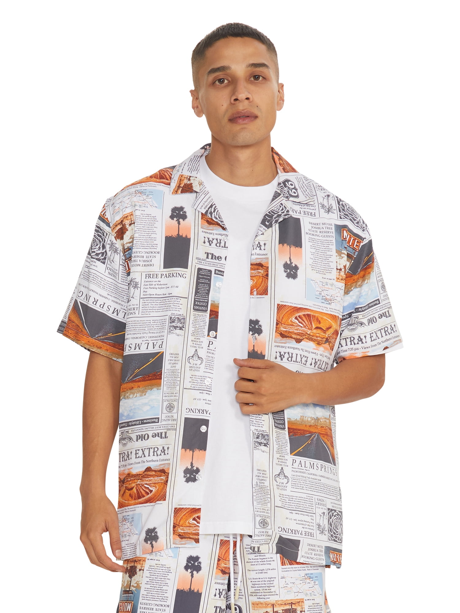 No Boundaries Men's Print Button Up Shirt with Short Sleeves, Sizes XS-3XL