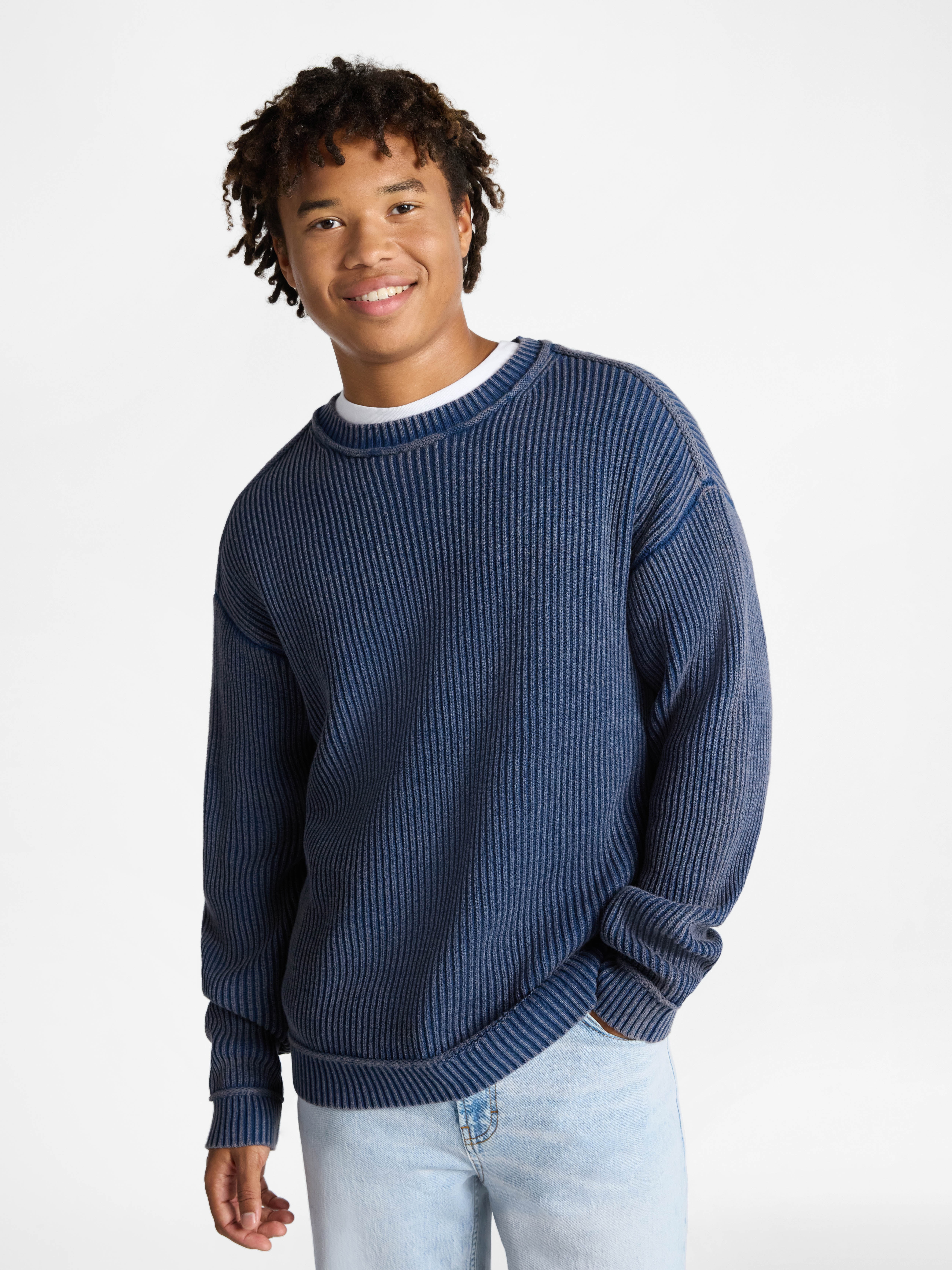 No Boundaries Ribbed Crewneck Sweater with Long Sleeves, Men's XS-3XL