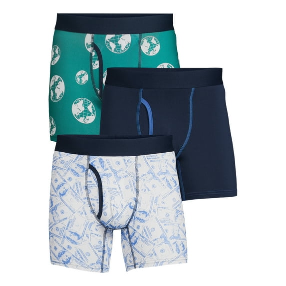 No Boundaries Men’s Tag-Free Printed Stretch Boxer Briefs, 3-Pack, Sizes up to 3XL
