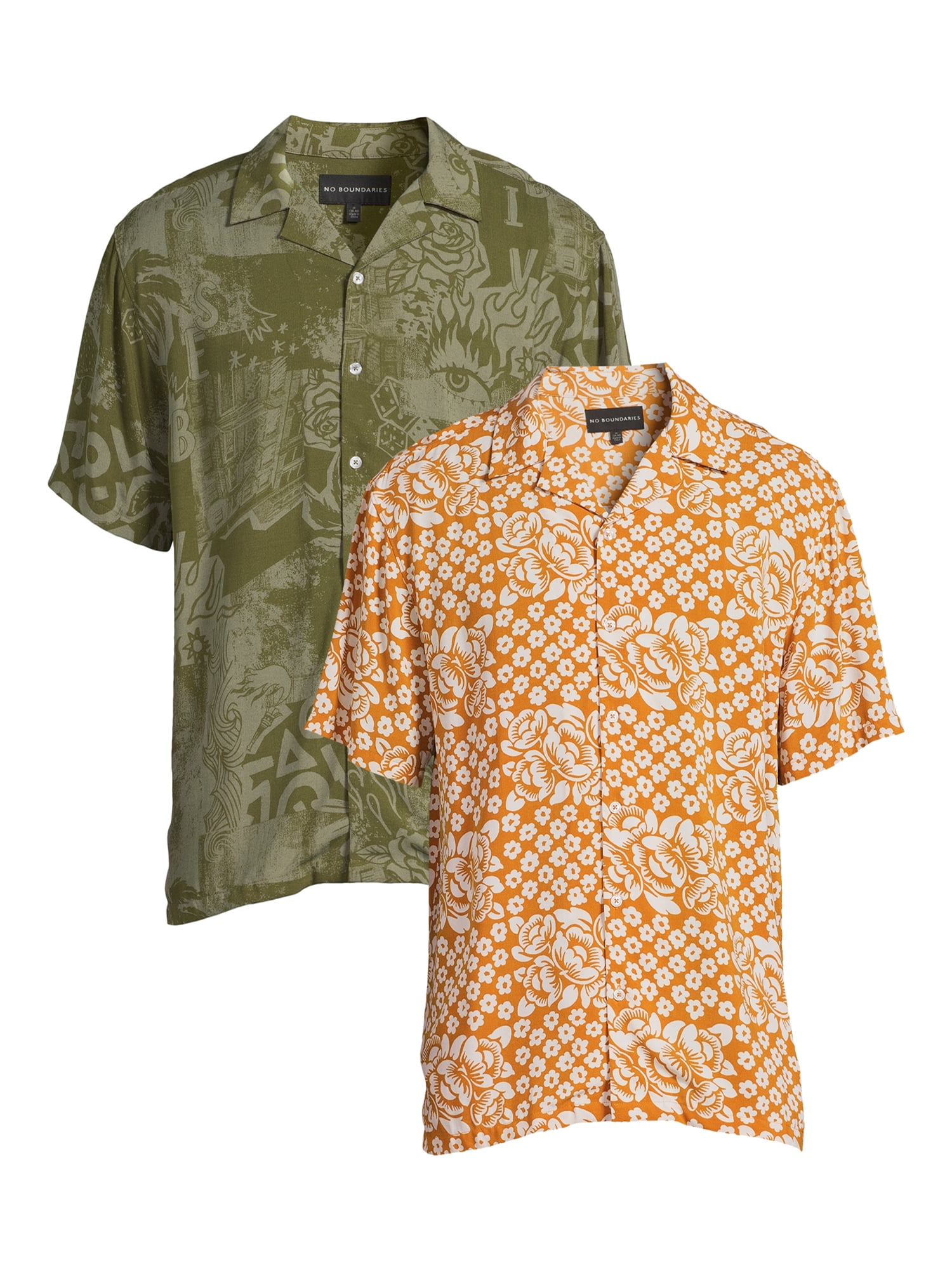 No Boundaries Men's and Big Men's Button Down Rayon Camp Shirt, 2-Pack,  Sizes XS-5XL 