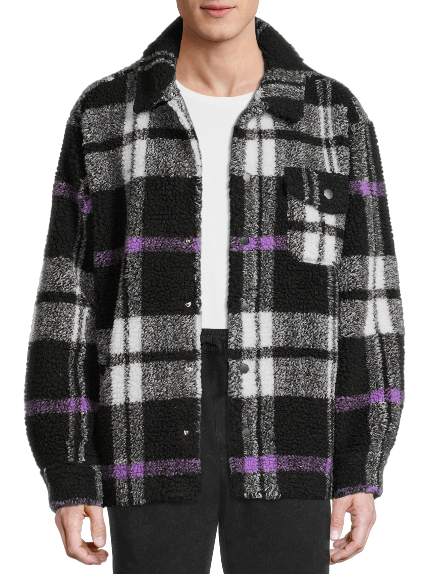 No Boundaries Men's and Big Men's Button-up Faux Sherpa Jacket, Sizes XS-3XL - image 1 of 5