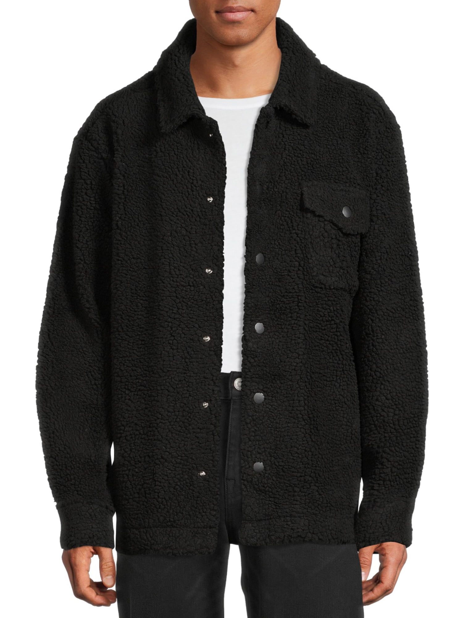 No Boundaries Men's and Big Men's Button-up Faux Sherpa Jacket, Sizes XS-3XL