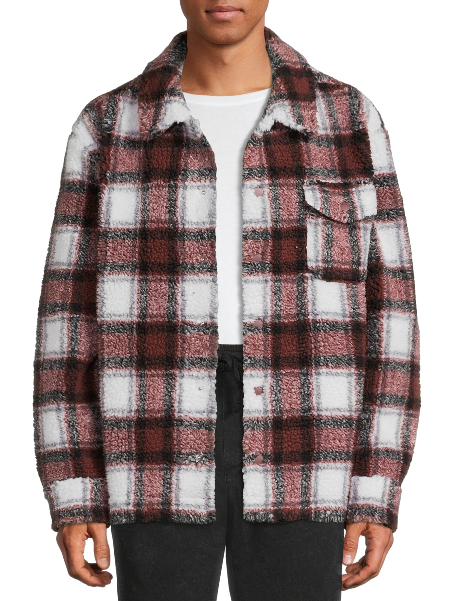 No Boundaries Men's and Big Men's Button-up Faux Sherpa Jacket, Sizes XS-3XL