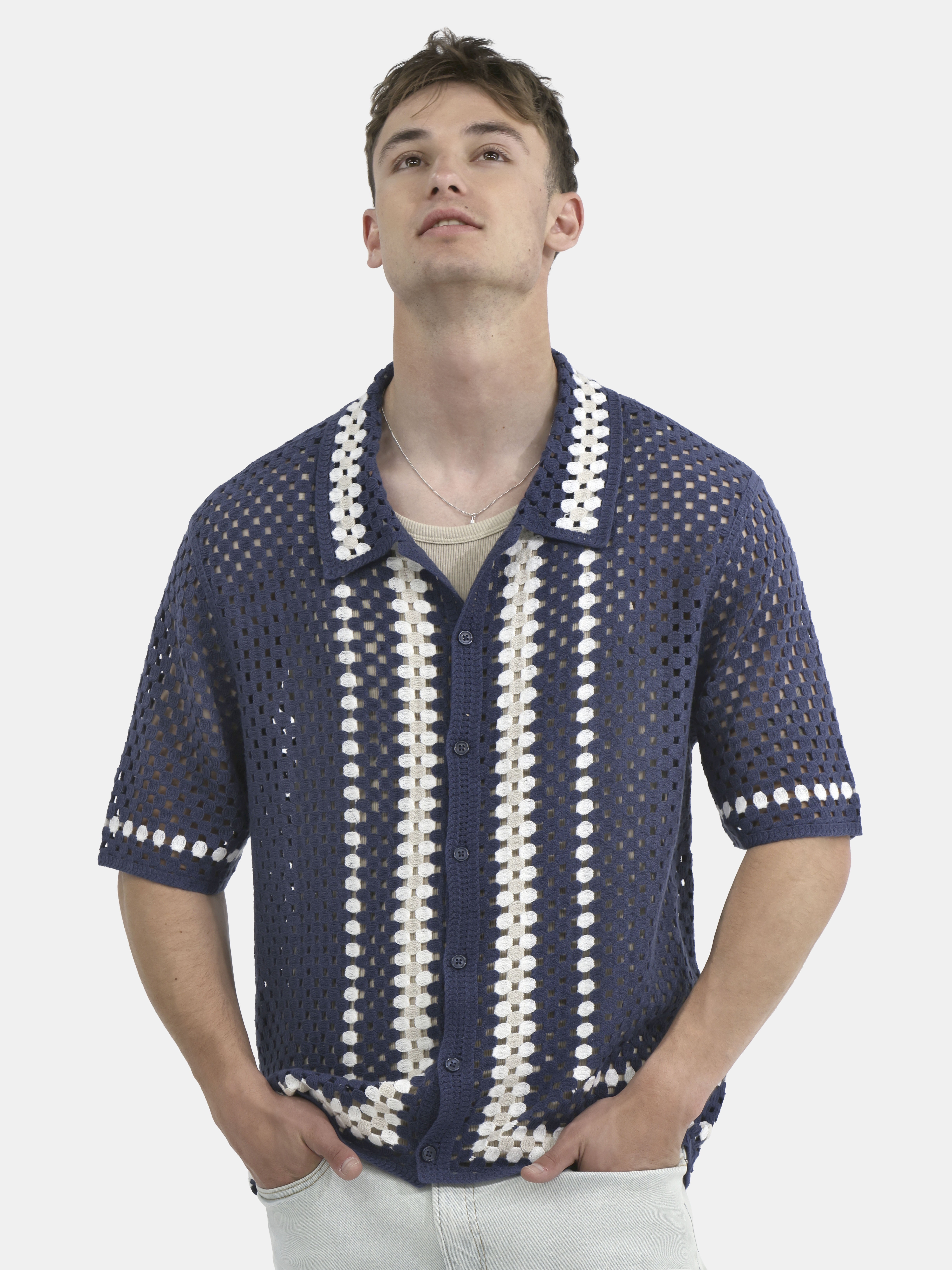 No Boundaries Faux Crochet Button-Up Polo Shirt, Men's and Big Men's