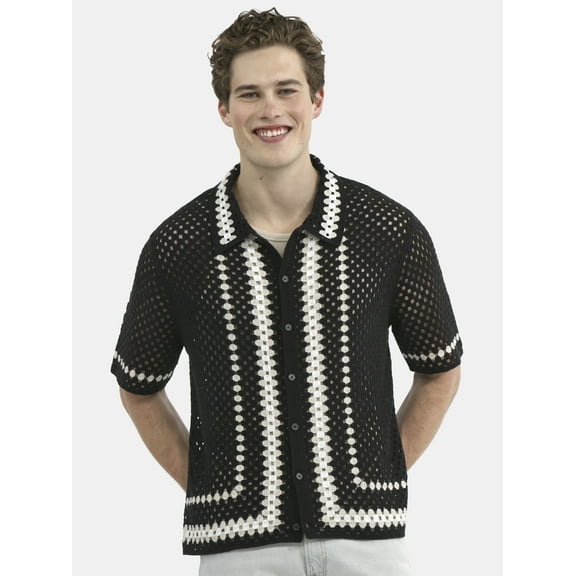 No Boundaries Faux Crochet Button-Up Polo Shirt, Men's and Big Men's