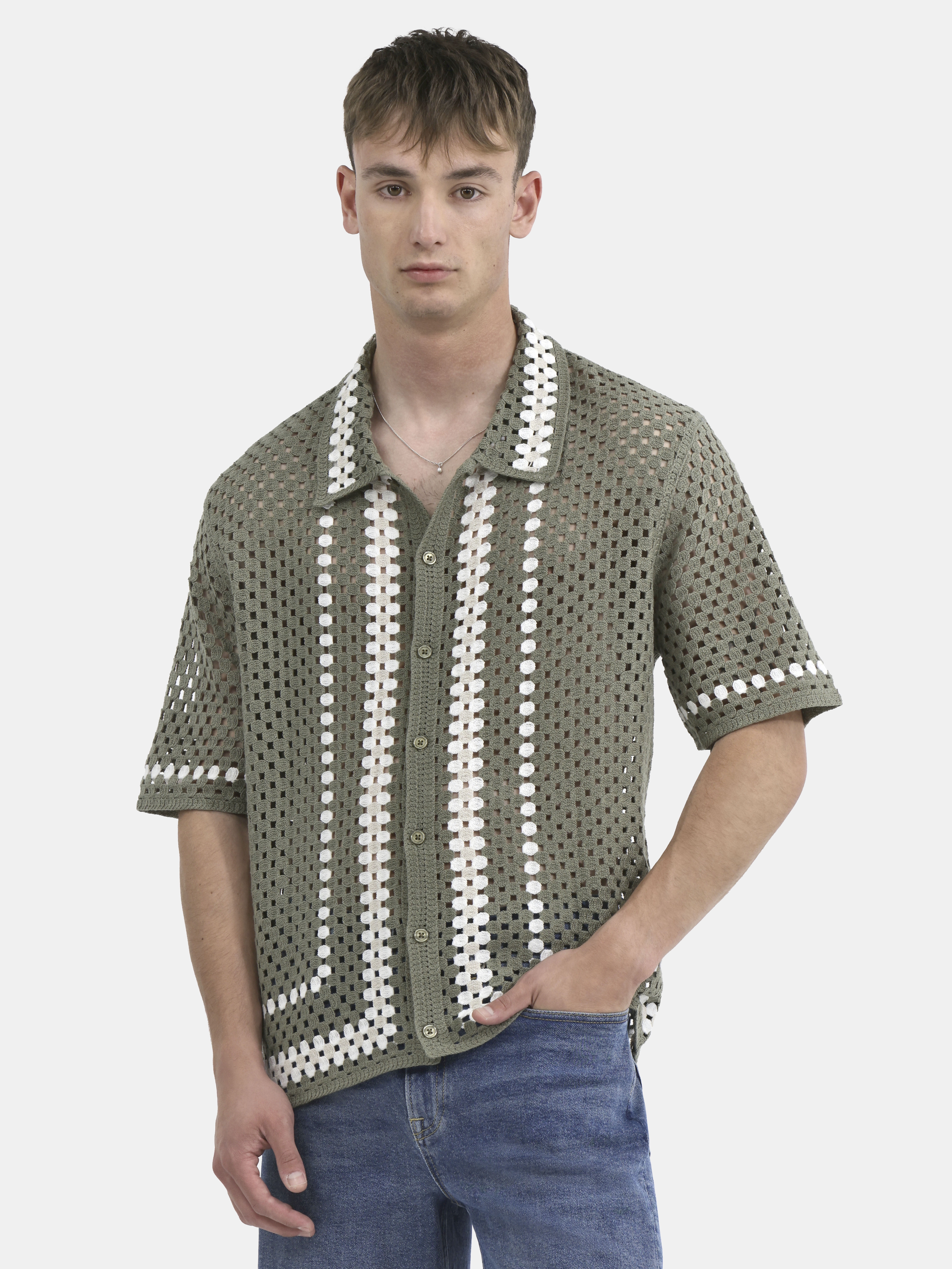 No Boundaries Faux Crochet Button-Up Polo Shirt, Men's and Big Men's