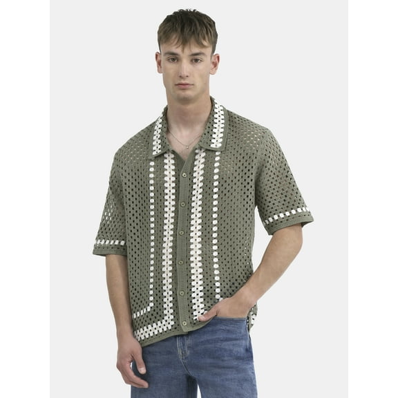 No Boundaries Faux Crochet Button-Up Polo Shirt, Men's and Big Men's