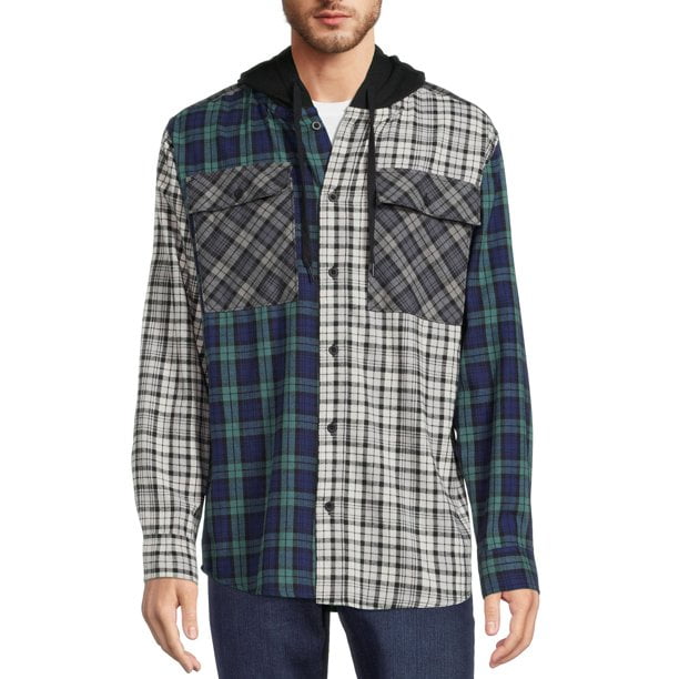 No Boundaries Men's and Big Men's Long Sleeve Hooded Flannel Shirt