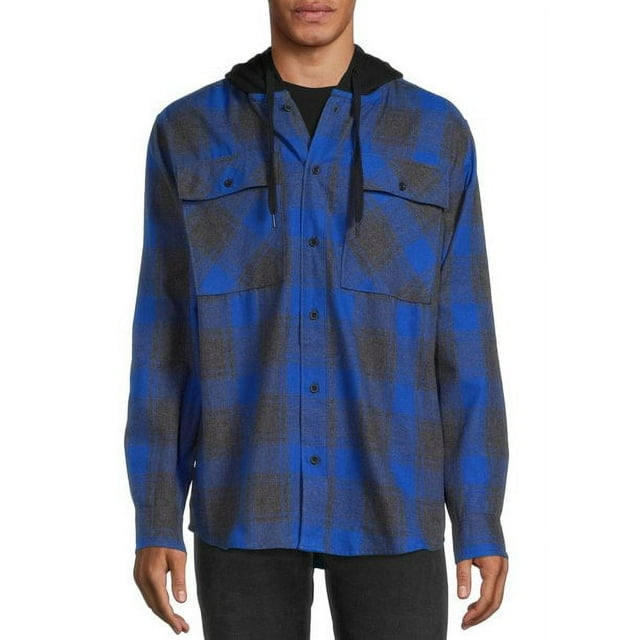 No Boundaries Men's and Big Men's Long Sleeve Hooded Flannel Shirt