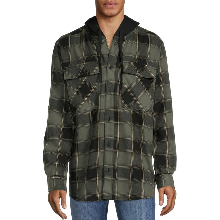 No Boundaries Men's and Big Men's Long Sleeve Hooded Flannel Shirt, Sizes  up to 5X 