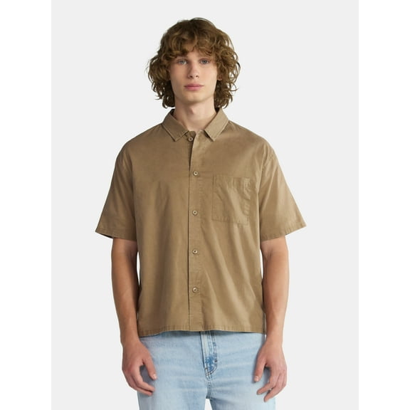 No Boundaries Boxy Button Down Shirt with Short Sleeves, Men's and Big Men's