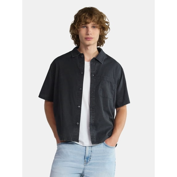 No Boundaries Boxy Button Down Shirt with Short Sleeves, Men's and Big Men's