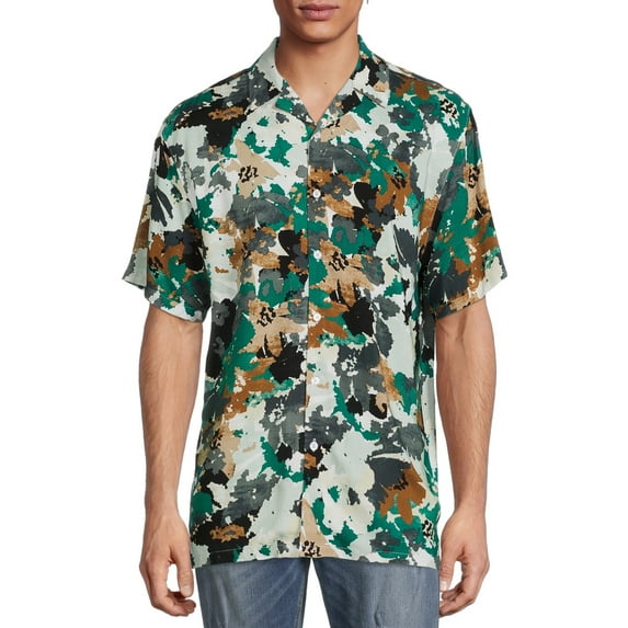 No Boundaries Men's and Big Men's Printed Button-Front Shirt with Short Sleeves