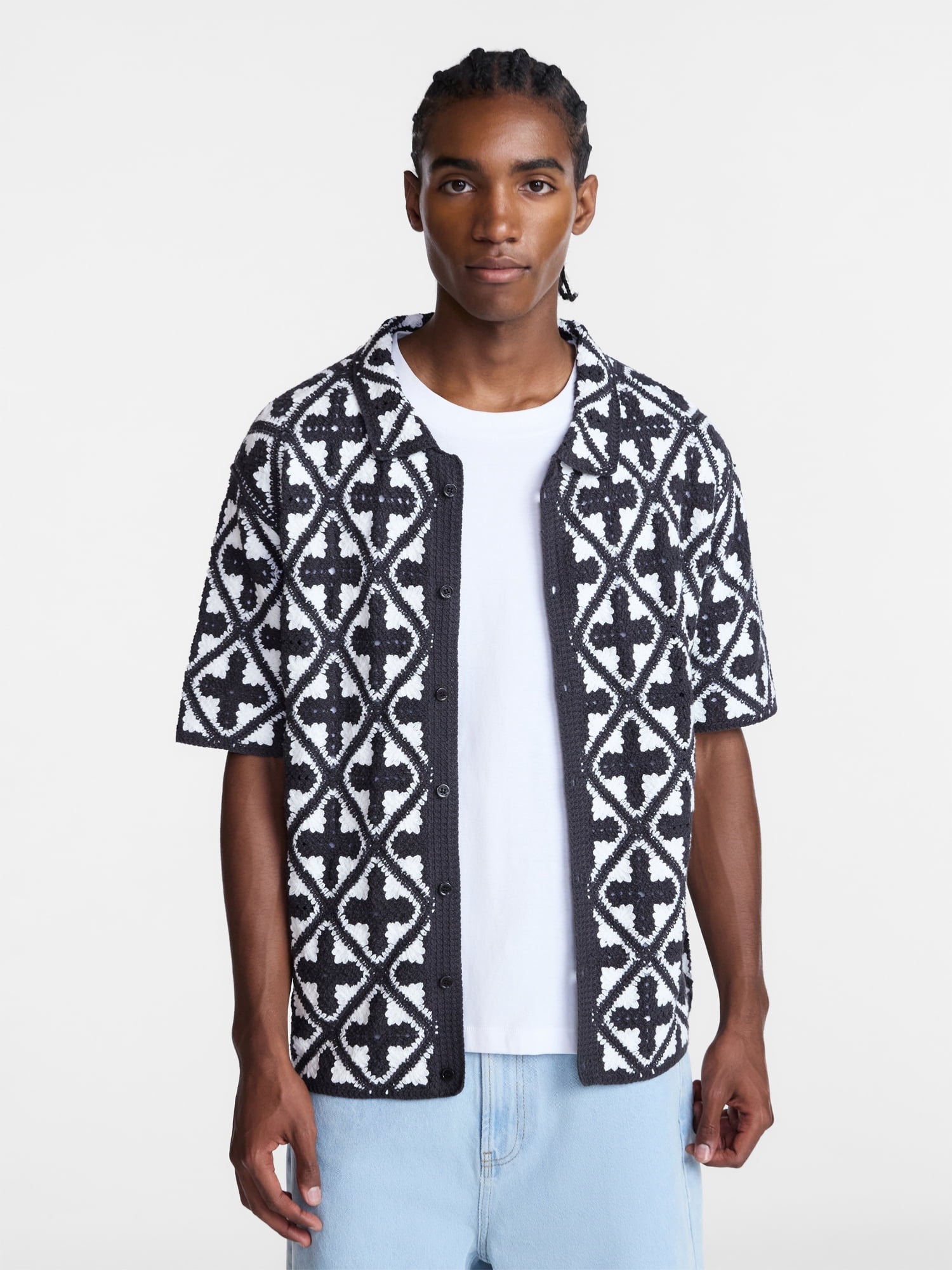 No Boundaries Men's Faux Crochet Boxy Fit Button Up Polo Shirt