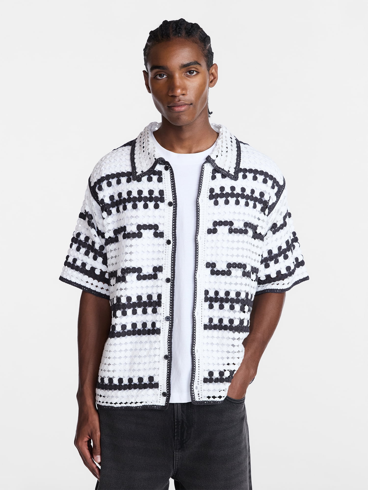 No Boundaries Men's Faux Crochet Boxy Fit Button Up Polo Shirt, Sizes XS-3XL