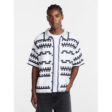 No Boundaries Men's Faux Crochet Boxy Fit Button Up Polo Shirt, Sizes XS-3XL