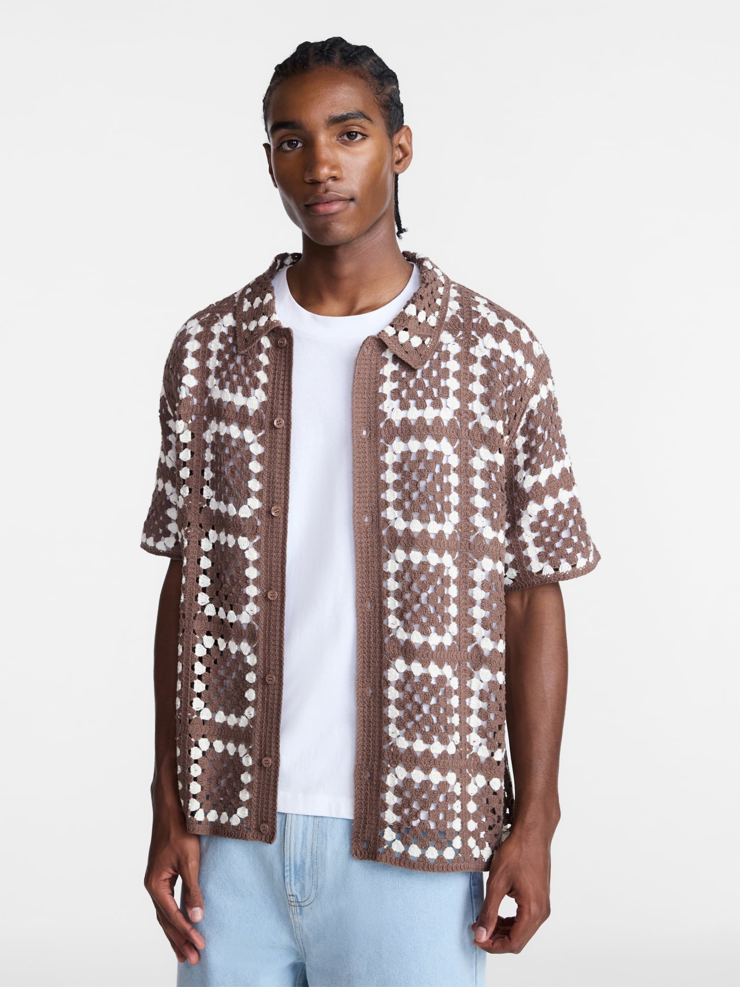 No Boundaries Men's Faux Crochet Pattern Boxy Fit Button Through Sweater Polo, Sizes XS-3XL
