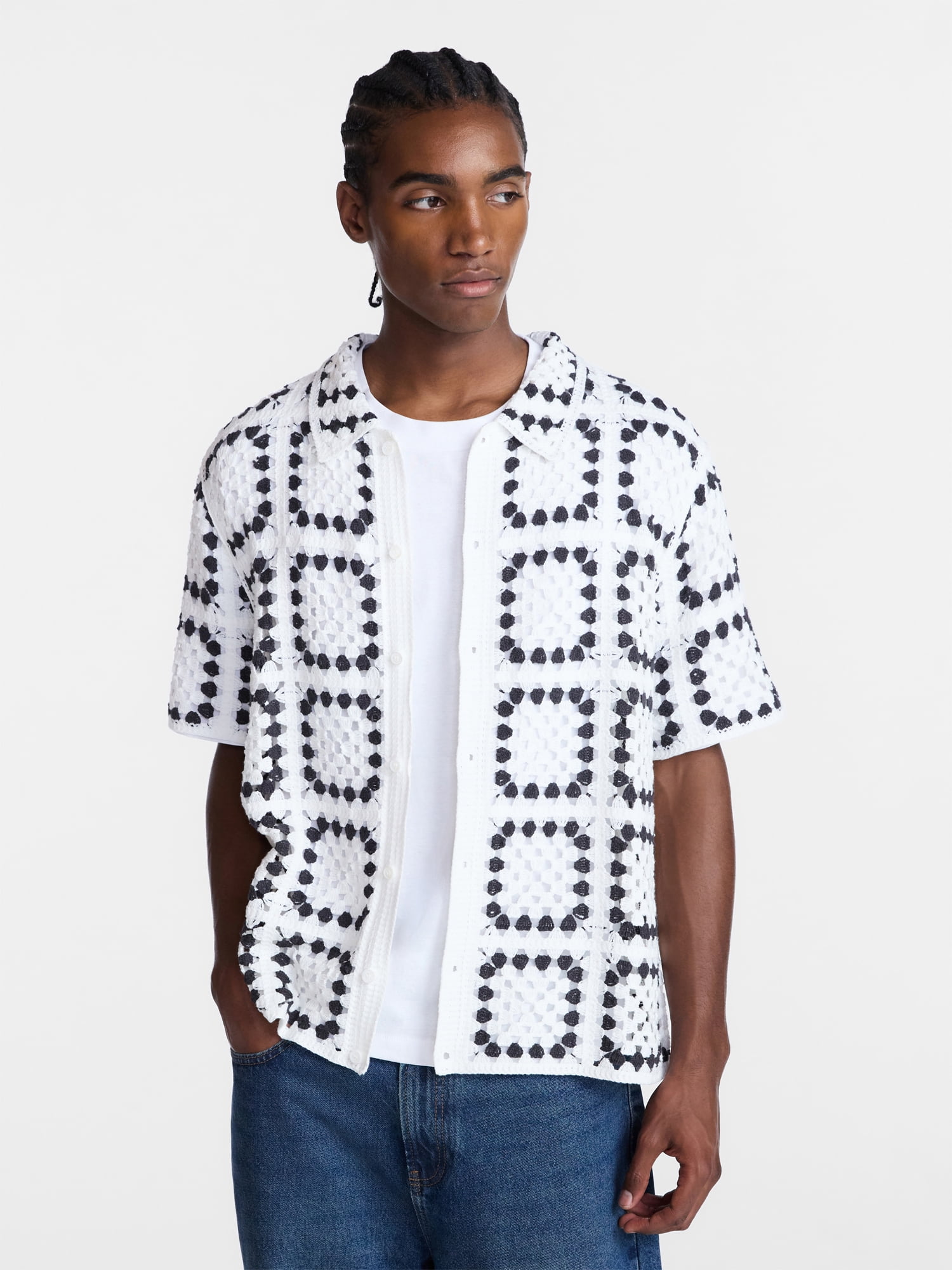 No Boundaries Men's Faux Crochet Pattern Boxy Fit Button Through Sweater Polo, Sizes XS-3XL