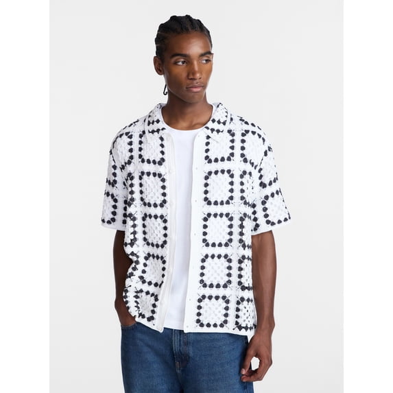 No Boundaries Men's Faux Crochet Pattern Boxy Fit Button Through Sweater Polo, Sizes XS-3XL