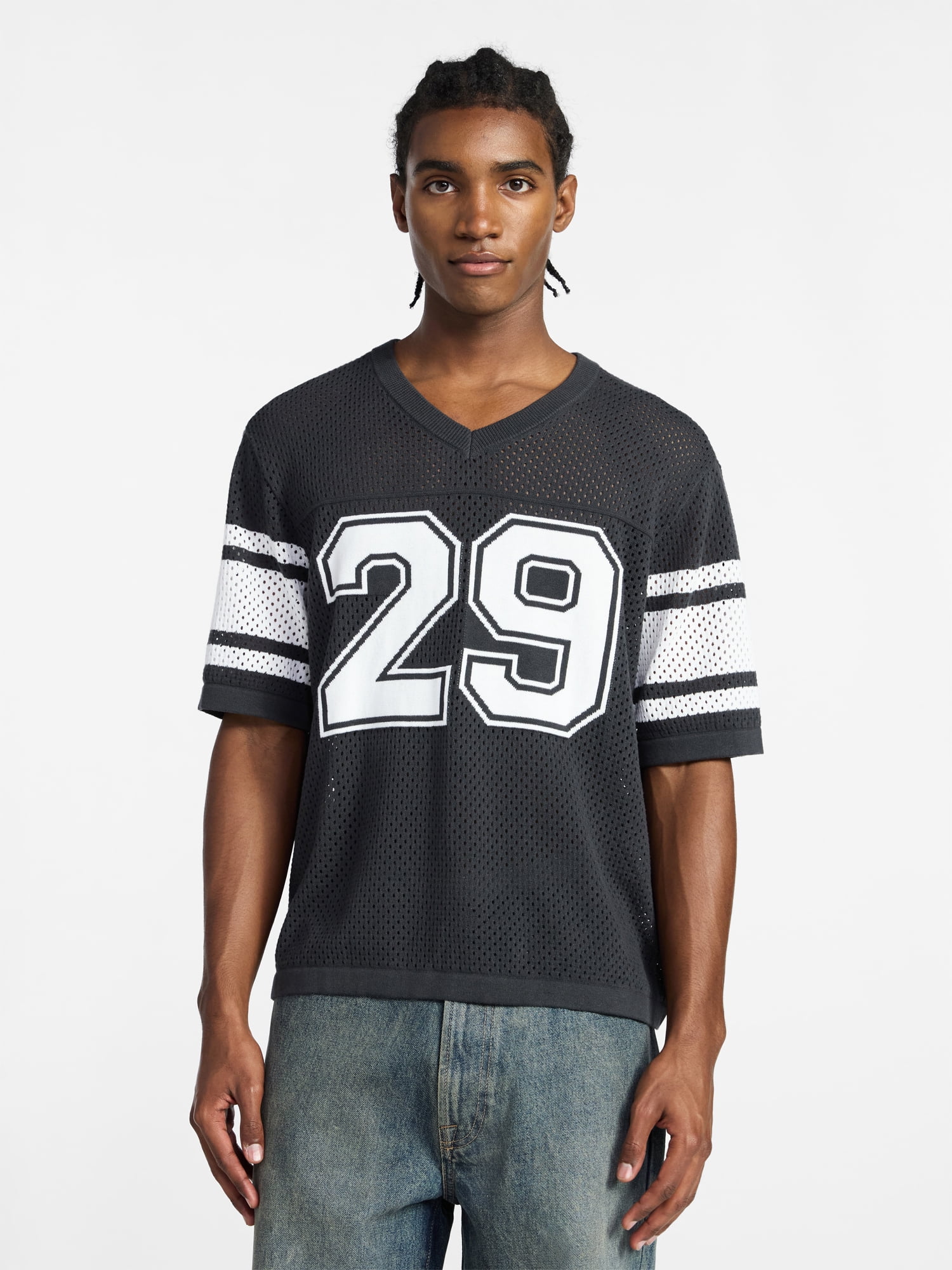 No Boundaries Mesh Sweater Knit Football Jersey Inspired Shirt with Short Sleeves, Men's XS-3XL